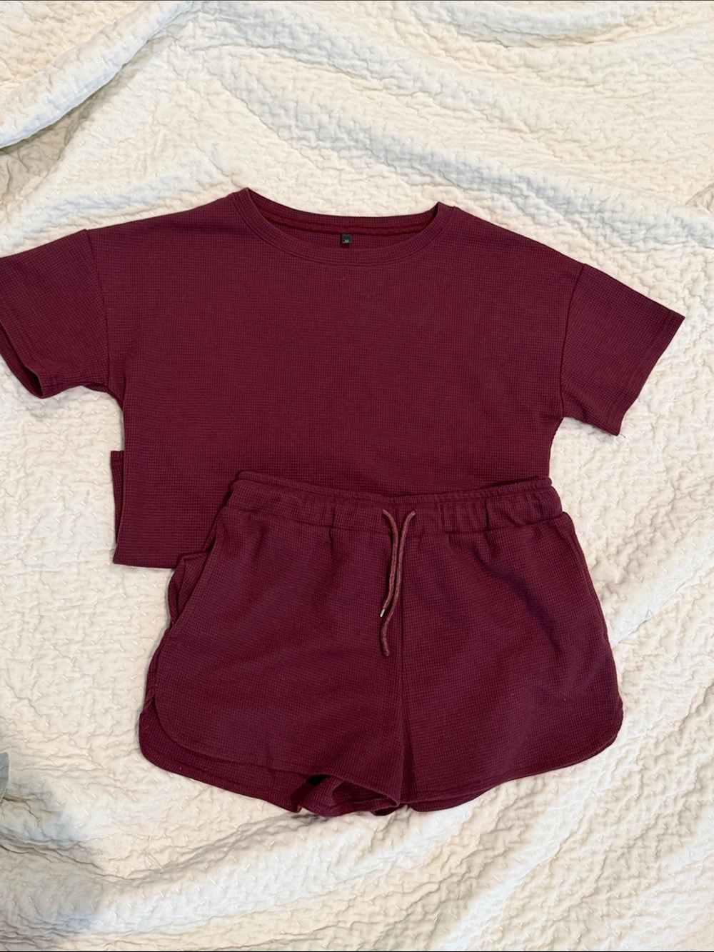Cheibear Womens Waffle Knit Short Sleeve Pajama Set with Shorts- Size M